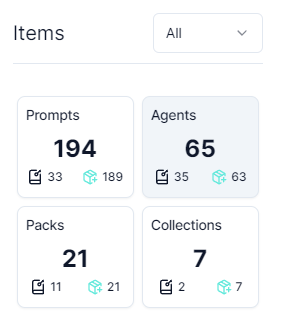 View how many public prompts, agents, packs, or collections exist